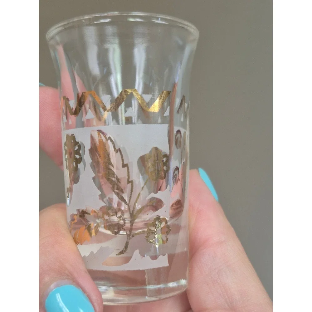 Vintage MCM Frosted Gold Bird Cordial Shot Glass Set of 5 Mid Century Barware